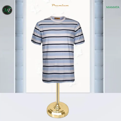Premium men's round-neck T-shirt with alternating horizontal stripes in white, light blue, and navy. Displayed on a gold clothing stand.