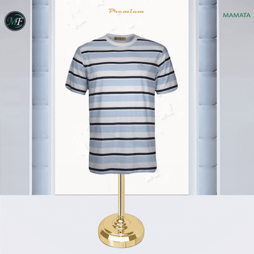 Premium men's round-neck T-shirt with alternating horizontal stripes in white, light blue, and navy. Displayed on a gold clothing stand.