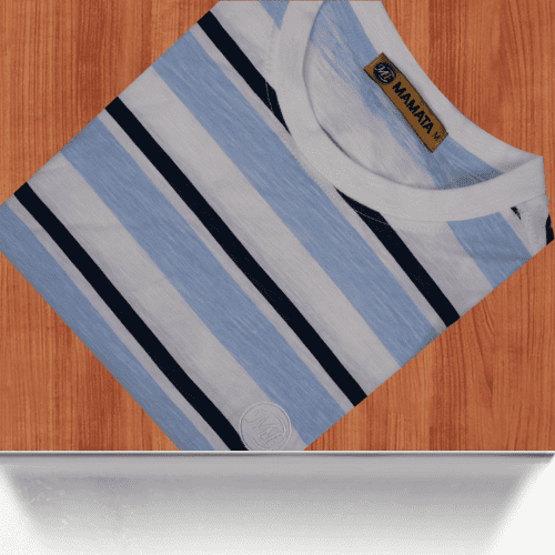 Premium men's round-neck T-shirt with alternating horizontal stripes in white, light blue, and navy. Displayed on a gold clothing stand.