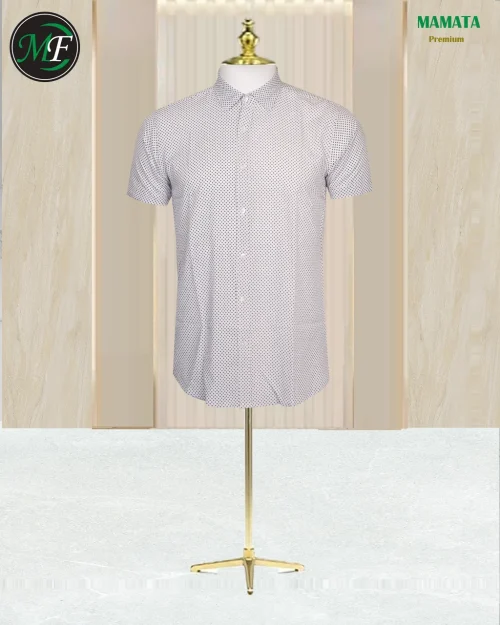 Short-sleeve shirt with a modern, clean black and white repeating motif. White and black patterned shirt for men, showcased on a dress form. Product photography of a men's smart-casual half-sleeve shirt. Men's stylish button-down shirt with a subtle, yet striking black and white print. Casual men's short-sleeve shirt in a monochrome palette with a dotted texture. Men's clothing item: short-sleeve shirt featuring a small, geometric print. Half-sleeve button-up shirt on a mannequin with a sophisticated, fine dot pattern. Retail display photo of a "Mens Shirts Half white+black+collar" product. Men's fitted short-sleeve shirt with a small black print and high spandex stretch content.