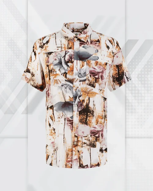 The Abstract Canvas Fall-Toned Floral Printed Short-Sleeve Shirt