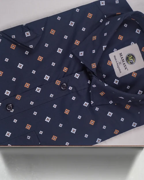 Half-sleeve shirt for men, dark blue with a contrasting white and brown diamond pattern.
