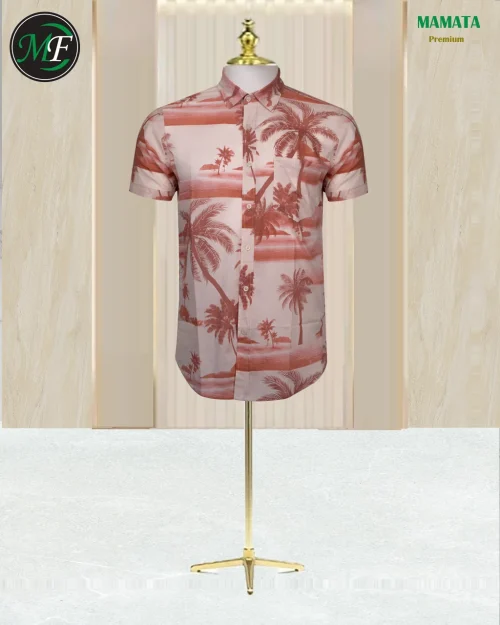 This men's printed shirt with short sleeves features a stunning sunset/beach landscape design. The fabric showcases an impactful all-over palm tree print and large coconut tree silhouettes, making it a true men's Hawaiian print shirt.