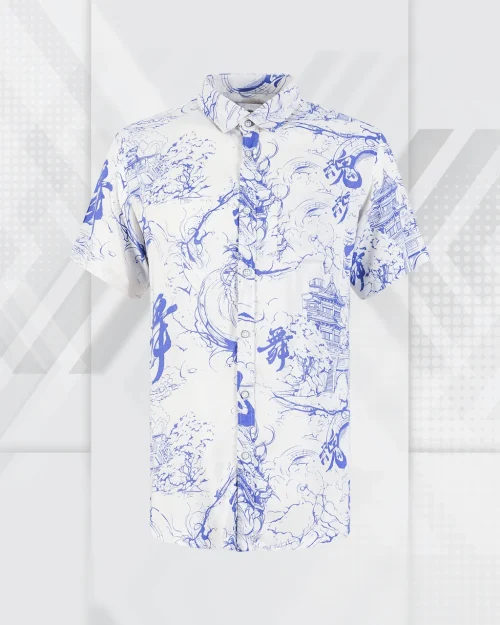 Hawaiian-Style Detailed Blue Ink Short Sleeve Resort Wear