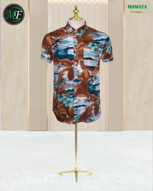 Bring the vacation vibe wherever you go with this stunning stylish dark-toned Hawaiian print half-sleeve shirt
