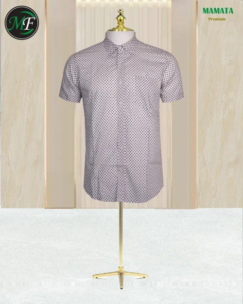 Men's casual white shirt with a repeating dark polka dot print