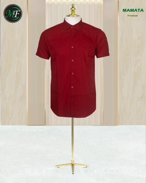 Men's deep red short sleeve shirt on a gold mannequin.
