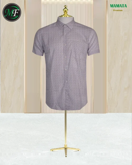 Men's light-colored short-sleeve shirt with a maroon, black, and white micro-dot pattern.