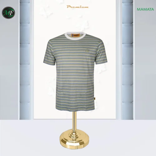 This classic striped men's crew-neck T-shirt instantly elevates your casual wear wardrobe. The fine, alternating horizontal stripes feature an intricate blend of olive green, gray, and blue tones, giving it a unique, tonal depth that pairs effortlessly with denim or chinos.