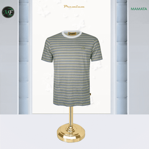 This classic striped men's crew-neck T-shirt instantly elevates your casual wear wardrobe. The fine, alternating horizontal stripes feature an intricate blend of olive green, gray, and blue tones, giving it a unique, tonal depth that pairs effortlessly with denim or chinos.