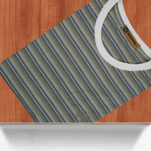 This classic striped men's crew-neck T-shirt instantly elevates your casual wear wardrobe. The fine, alternating horizontal stripes feature an intricate blend of olive green, gray, and blue tones, giving it a unique, tonal depth that pairs effortlessly with denim or chinos.