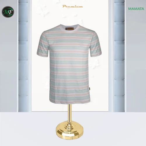 This classic striped men's crew-neck T-shirt instantly brightens your casual wear. The design features fine, alternating horizontal stripes in a cheerful white-based blend of peach/coral and mint green.