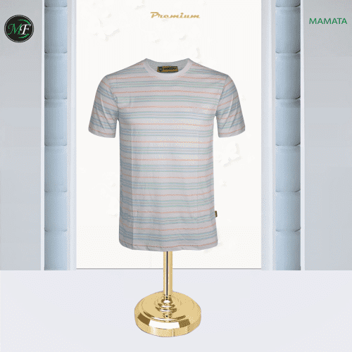 This classic striped men's crew-neck T-shirt instantly brightens your casual wear. The design features fine, alternating horizontal stripes in a cheerful white-based blend of peach/coral and mint green.