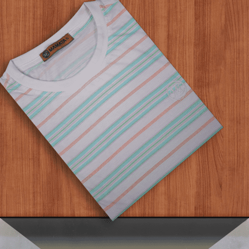 This classic striped men's crew-neck T-shirt instantly brightens your casual wear. The design features fine, alternating horizontal stripes in a cheerful white-based blend of peach/coral and mint green.