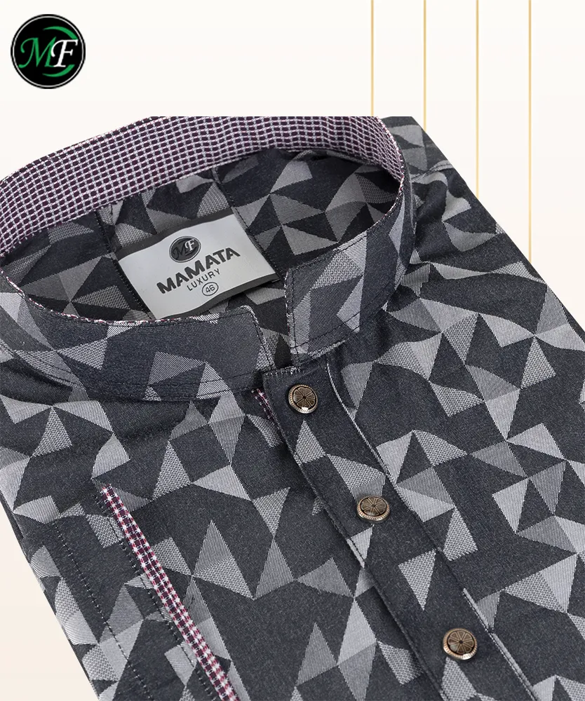 The Geometric Maze: Dark Gray Men's Printed Toray Fabric Panjabi & Cotton Fabric Pajama Set