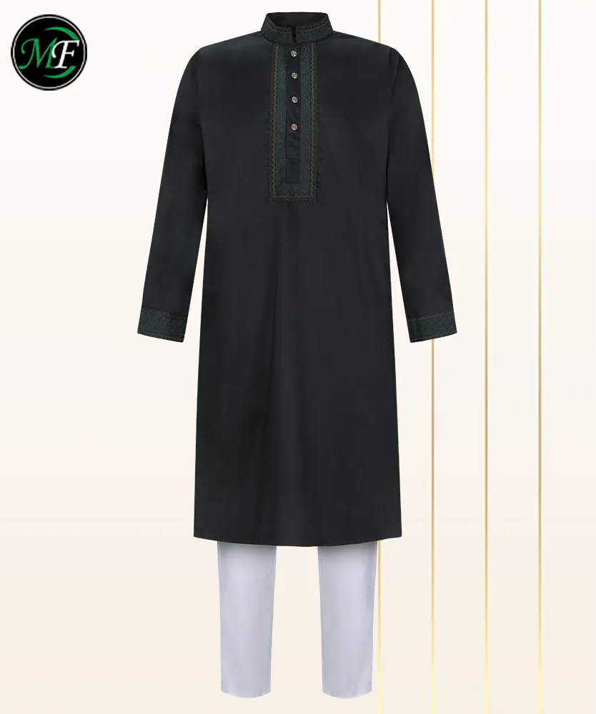 The Formal Contrast: Black Embroidered Toray Panjabi with White Pajama