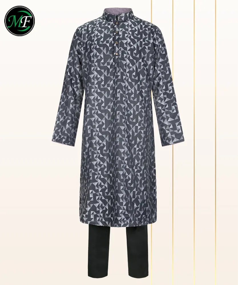 The Geometric Maze: Dark Gray Men's Printed Toray Fabric Panjabi & Cotton Fabric Pajama Set