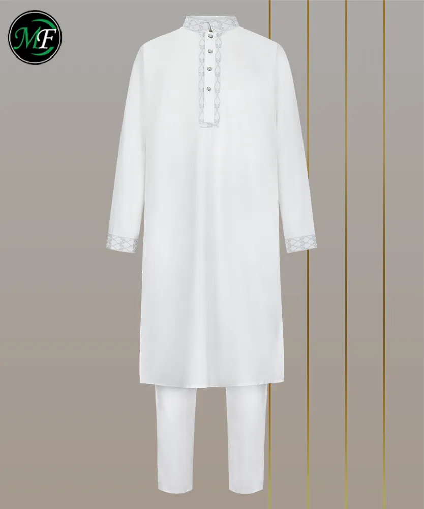 The Subtle Statement: White Cotton Panjabi & Pajama with Light-Gray Embroidery