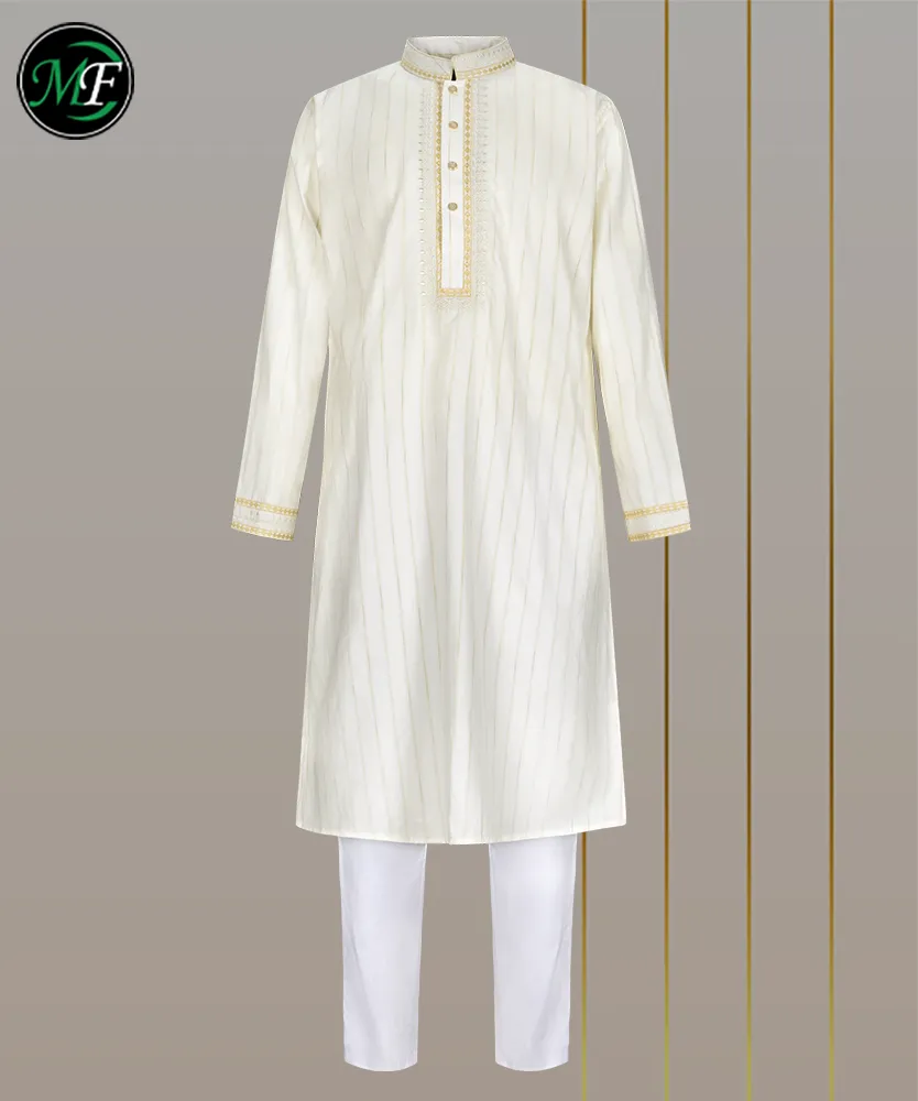 The Elegant Off-White Gold-Embroidered Pakistani Cotton Panjabi and Pajama for Men
